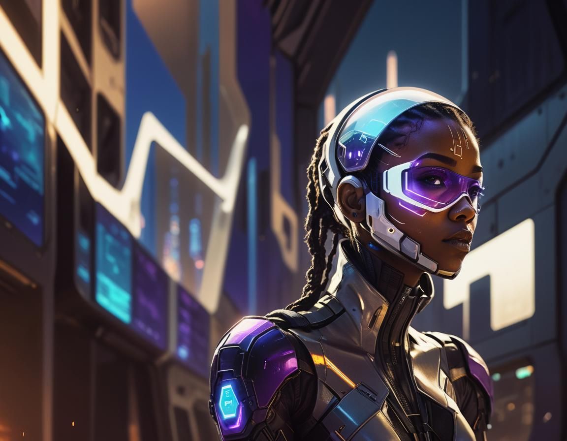 Futuristic Spy in Spaceship Cockpit, Cyberpunk Illustration