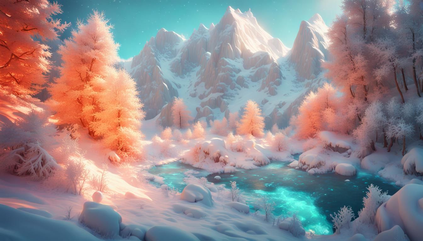 Opalescent Landscape with Glittering Snowflakes: Concept Art