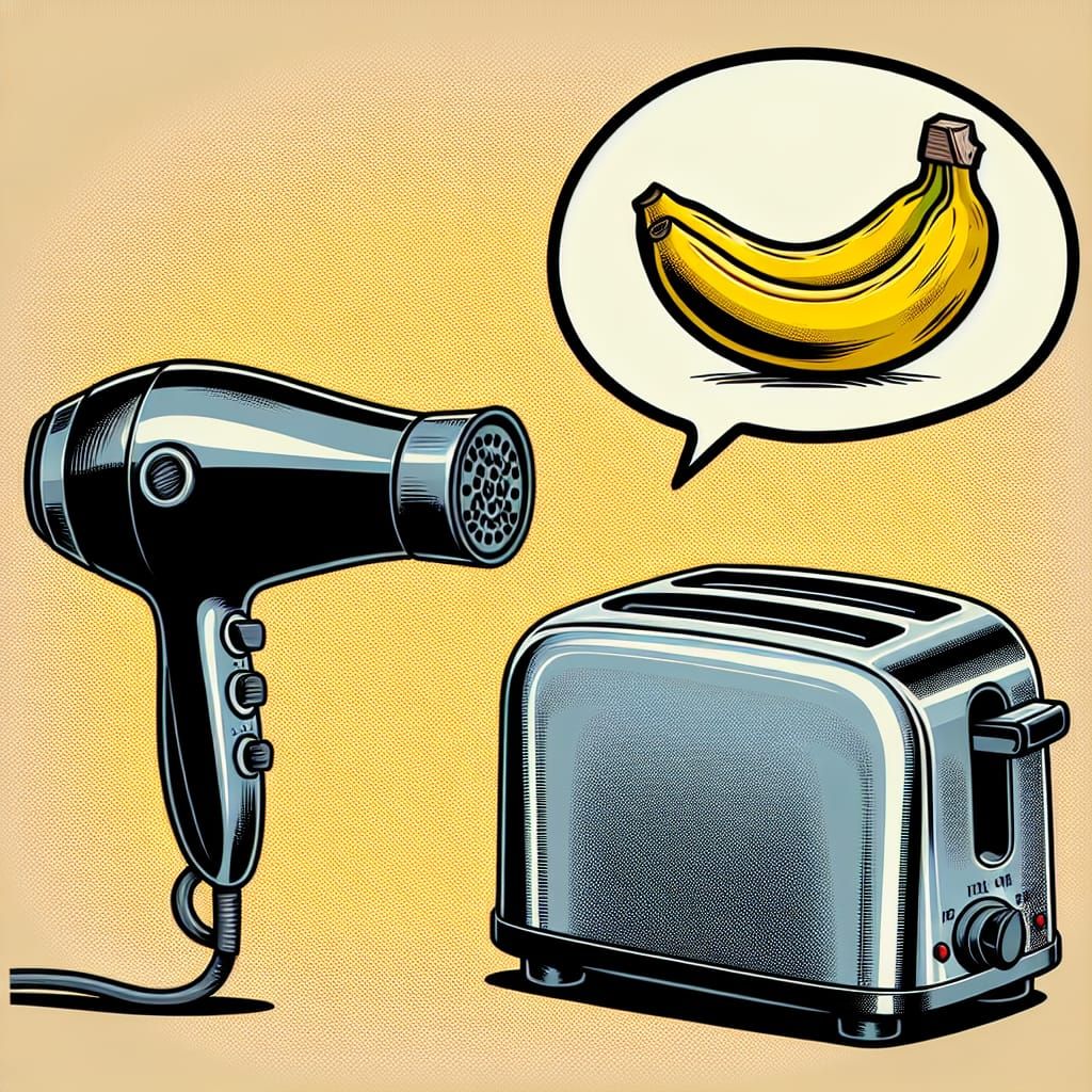 Toaster and Hairdryer Chatting About Bananas