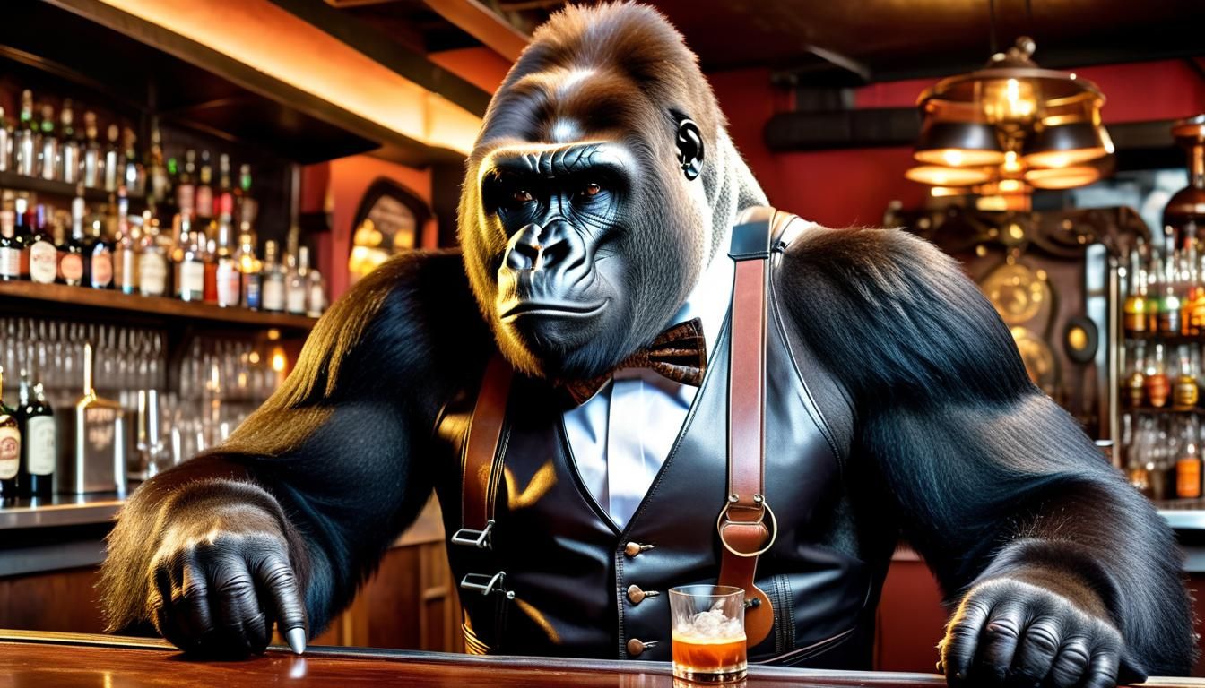 Steampunk Gorilla Bartender in Hipster Bar