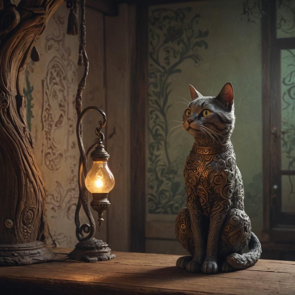 Whimsical Cat Lamp on Mystical Wooden Table