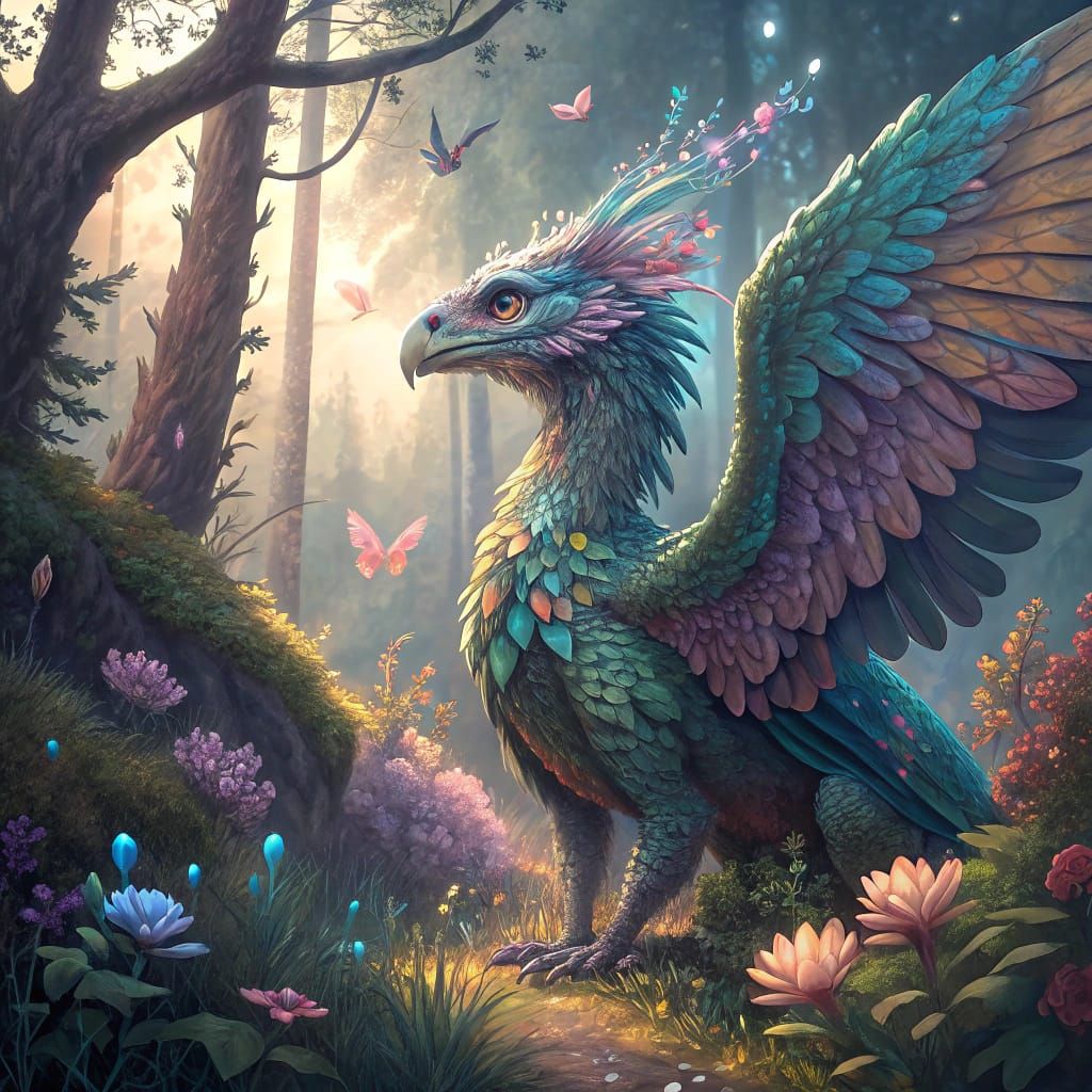 Majestic Iridescent Creature in Whimsical Forest Art