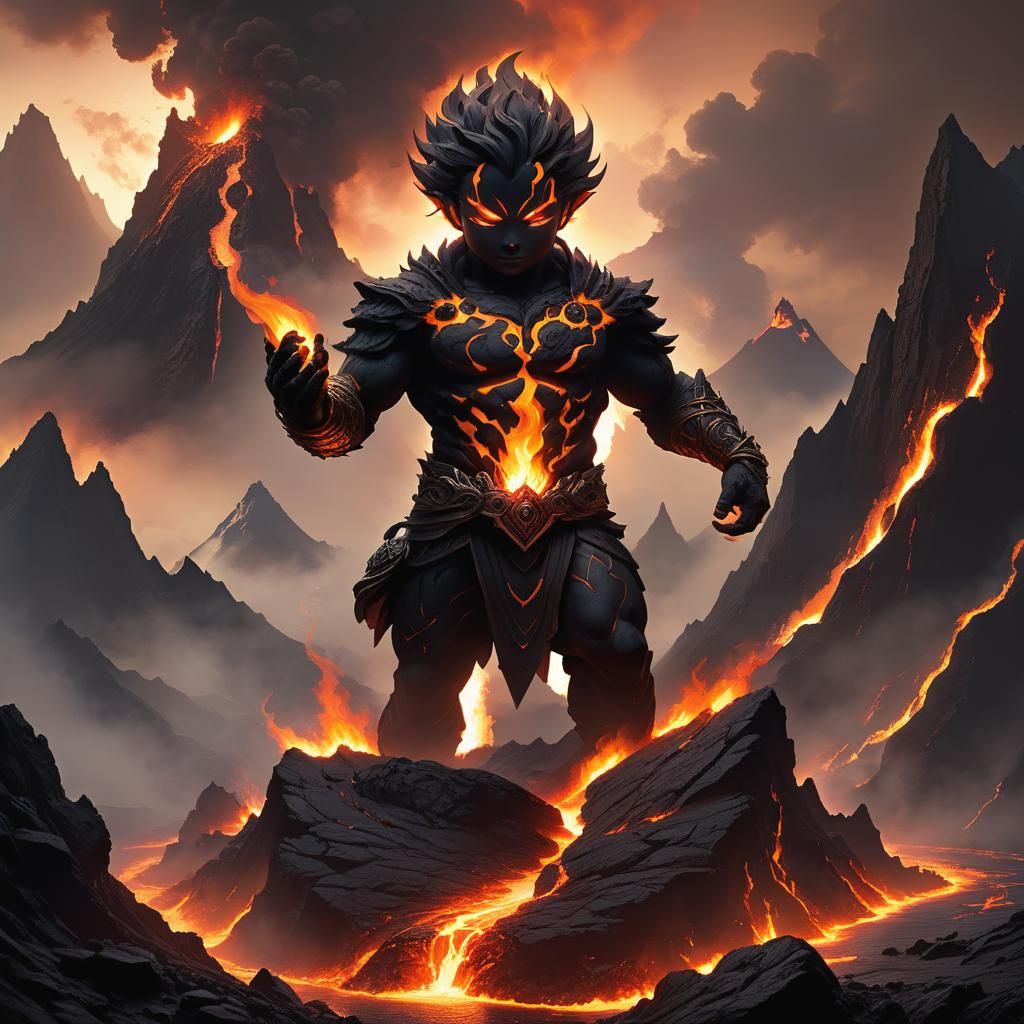 Lava Boy God on Volcano: Digital Art