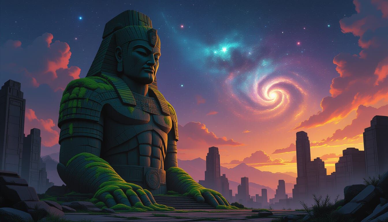 Ancient Stone Warrior in Bioluminescent Alien City