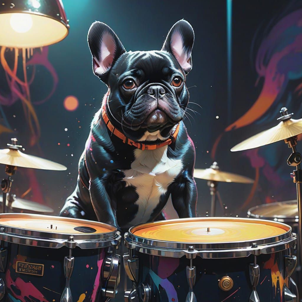 French Bulldog Drummer in Futuristic Setting
