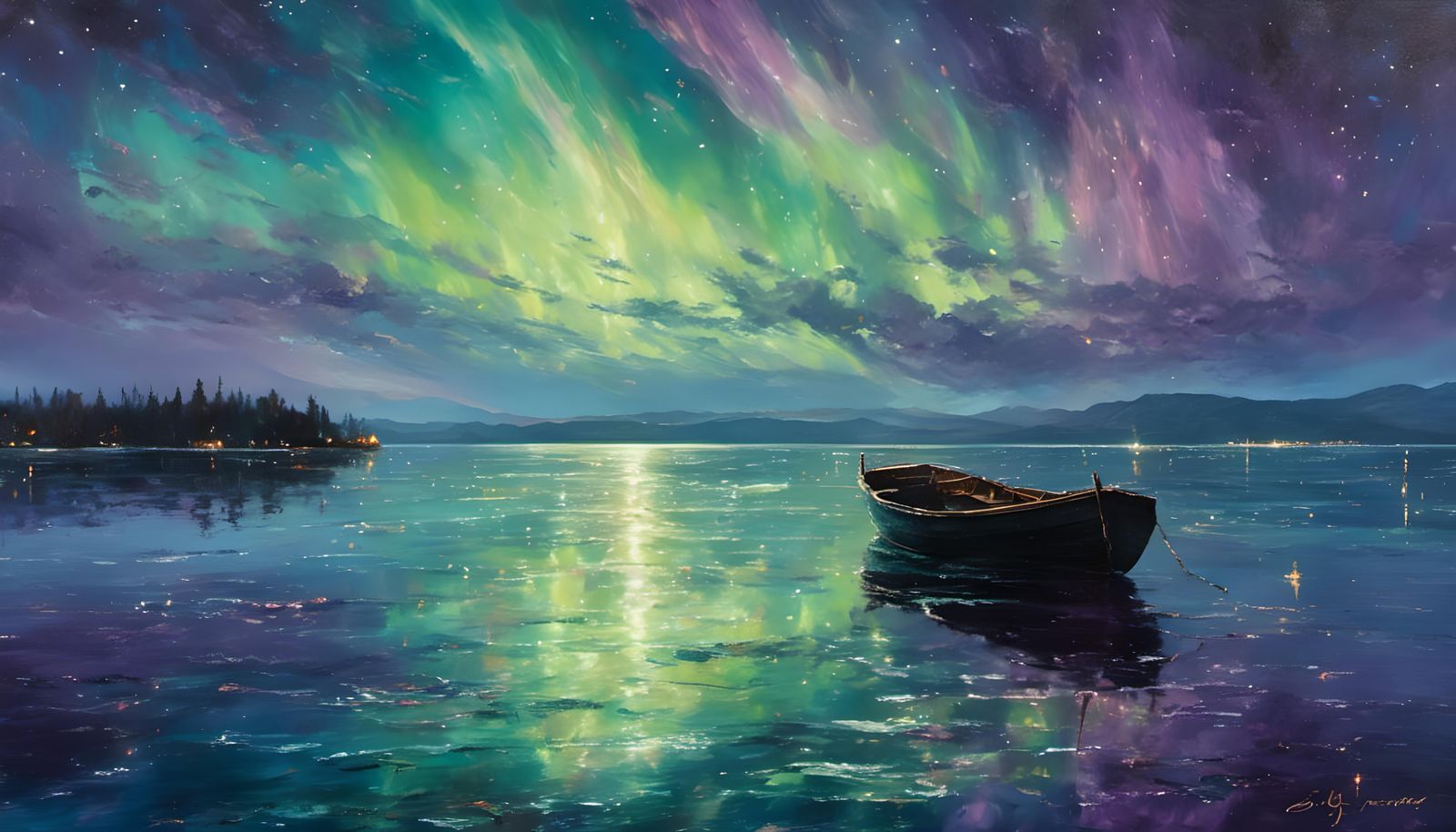 Aurora Borealis Oil Painting Over Calm Ocean
