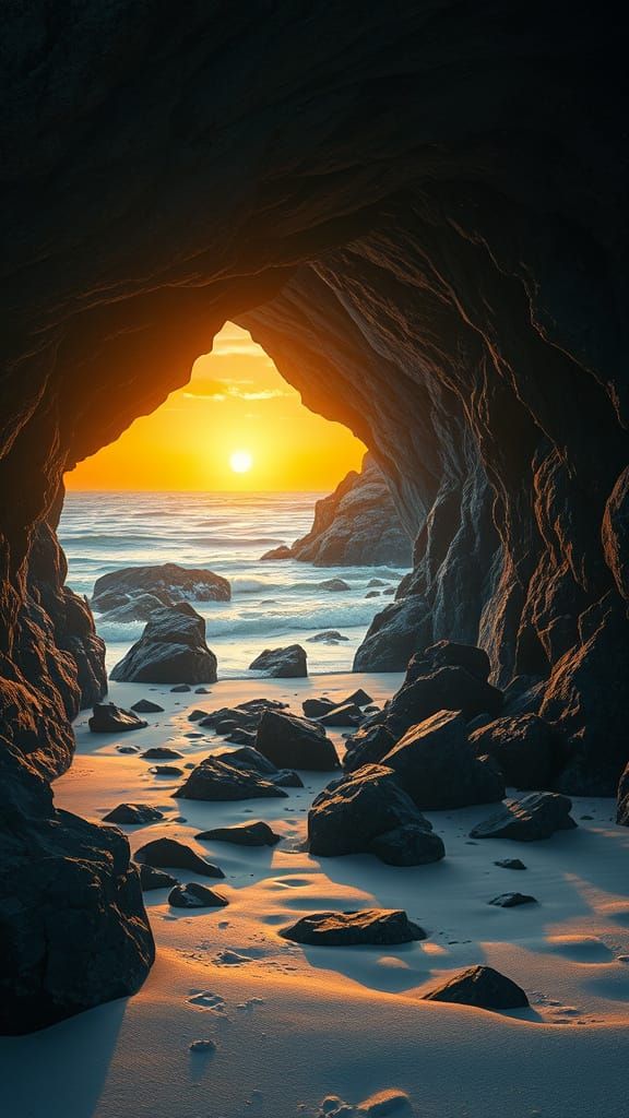 Surreal Cave Entrance on Serene White Sandy Beach at Sunset
