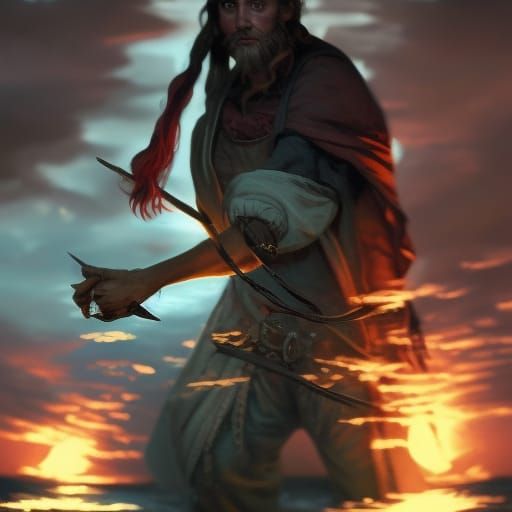 Fantasy Male Sea Captain in the bow of a pirate ship. Highly detailed scarred face, holding a lantern.