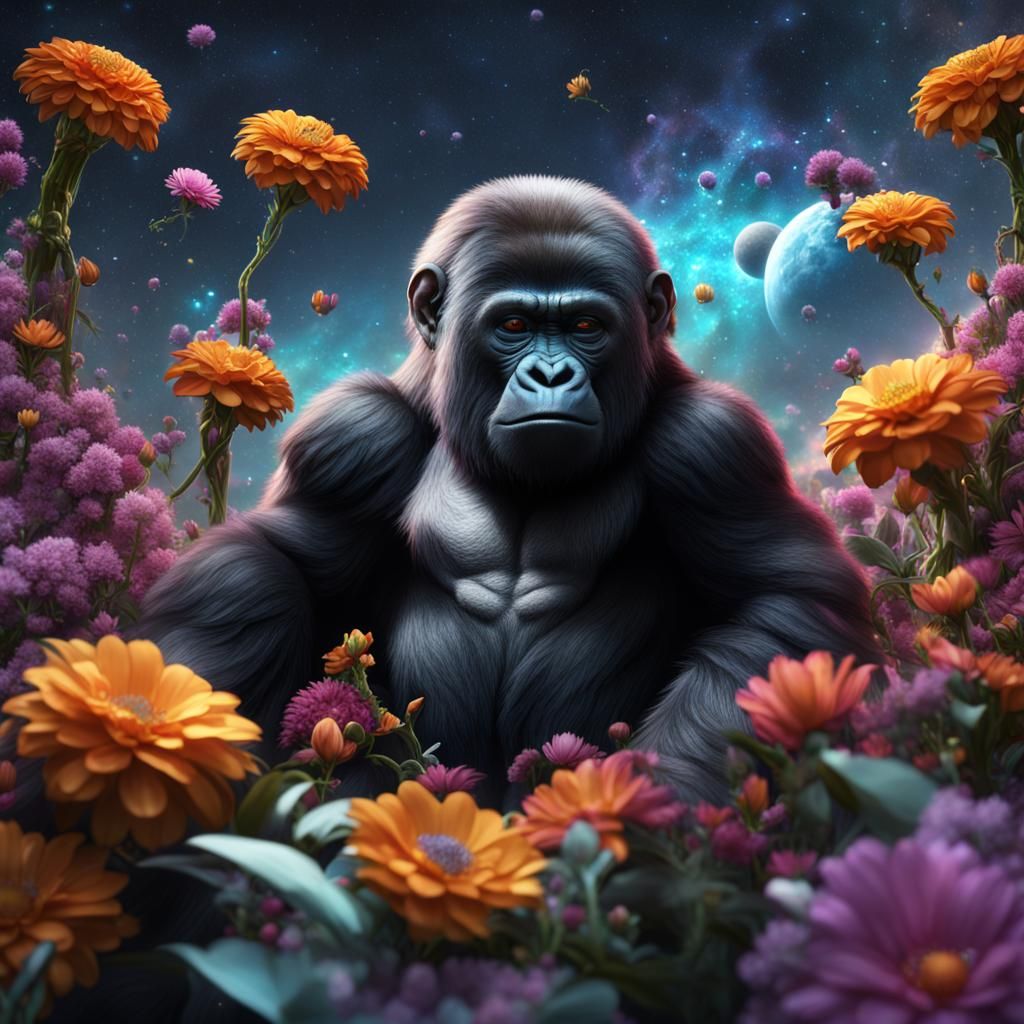 Baby Gorilla in Space with Flowers: Digital Art