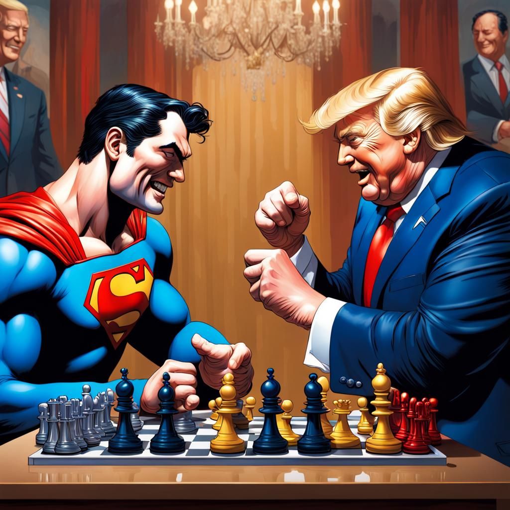 Superman and Donald Trump Play Chess: Hyperrealistic Art