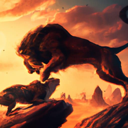 Lion's Dramatic Cliffside Showdown in Digital Painting