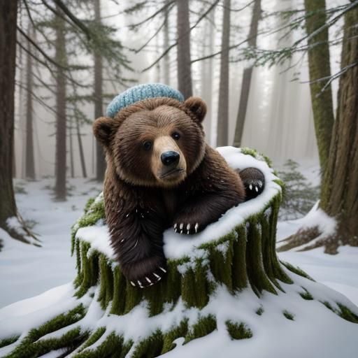 Adorable Baby Grizzly Bear with Knit Hat