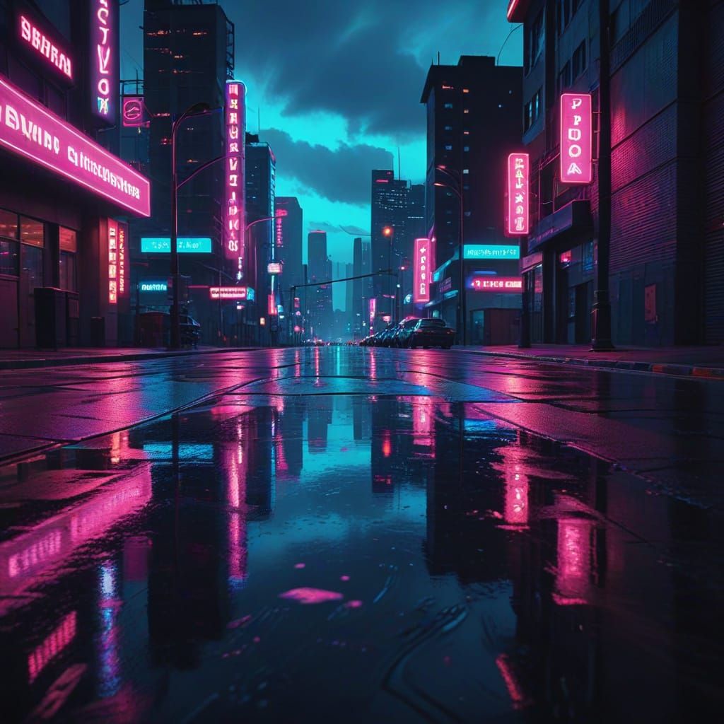 Synthwave Cityscape at Dusk in Neon Noir Style