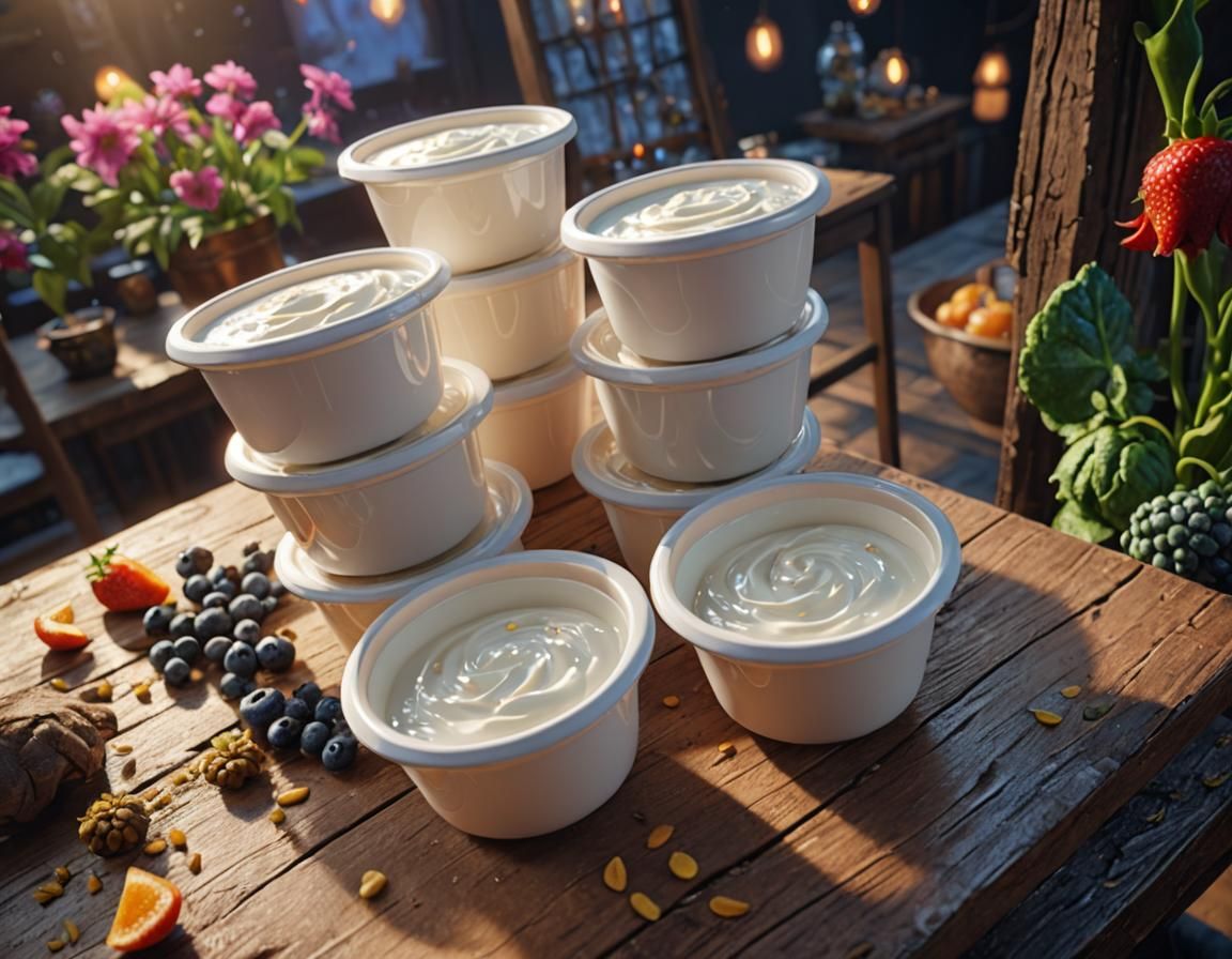 Studio Shot of Yogurt Pots on Table