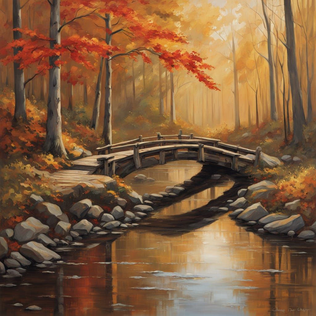Autumn Forest Bridge in Golden Hour Masterpiece