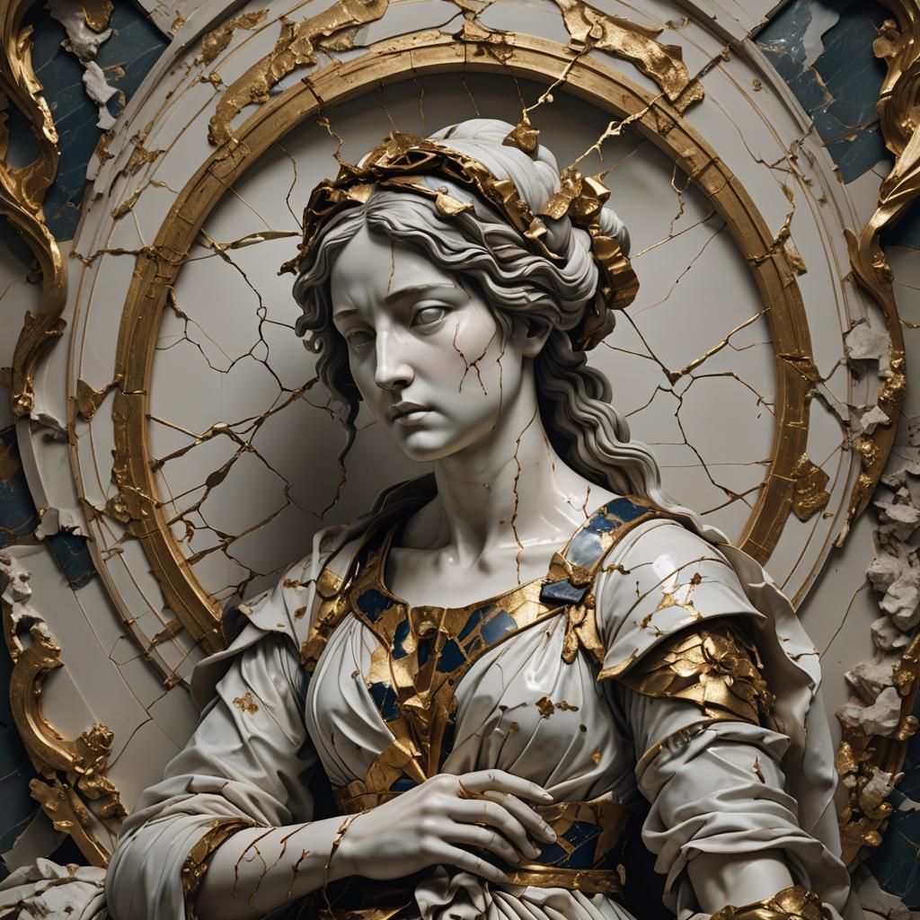 Kintsugi Sculpture of Broken Woman in Digital Painting