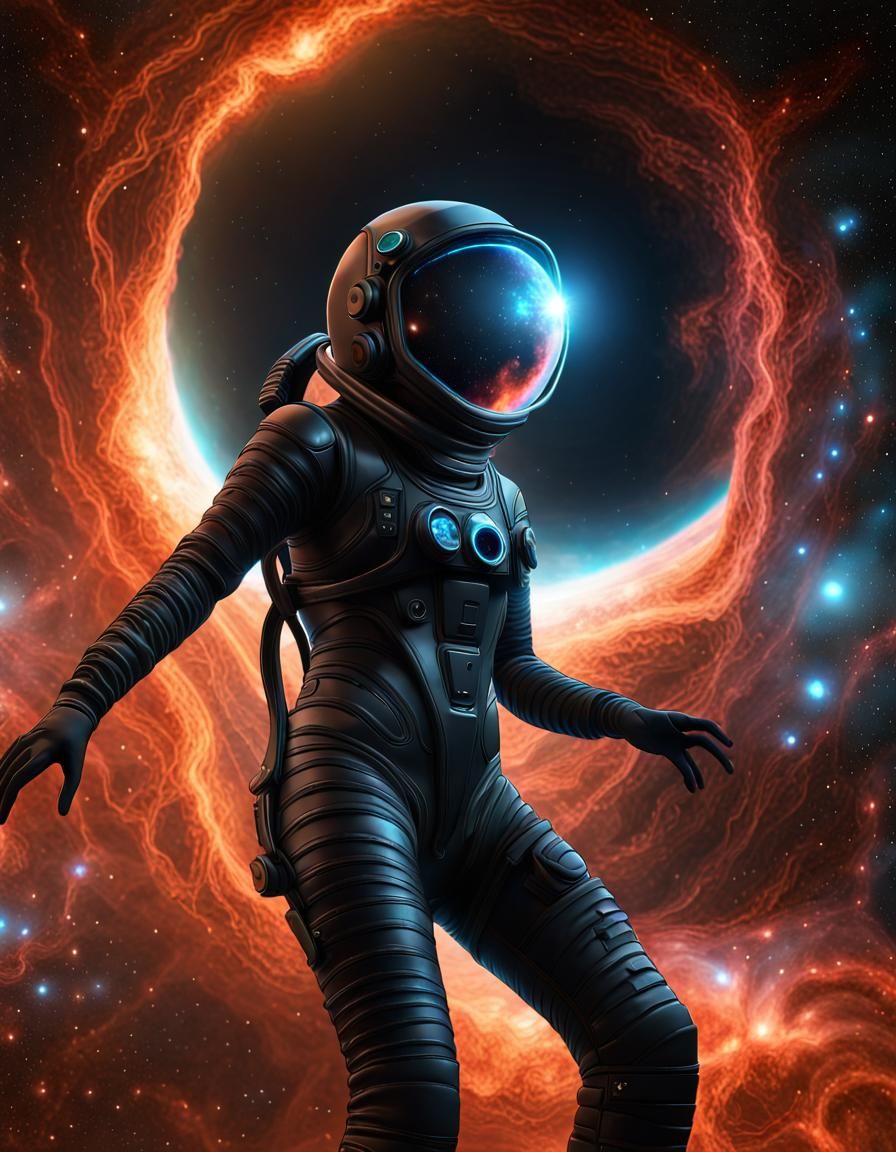 A woman in a black biomechsnical spacesuit holds a glowing p...