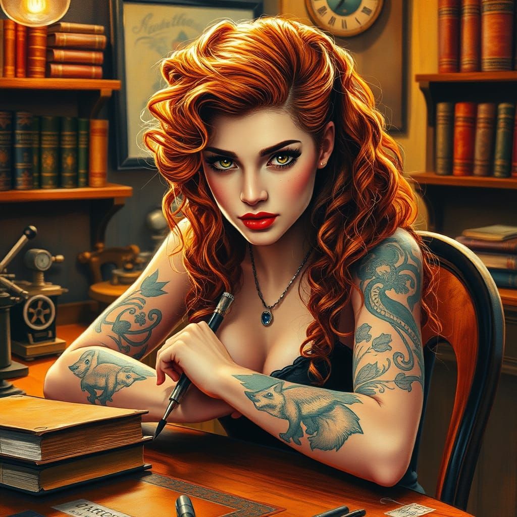 Tattoo Artist at Vintage Desk in 1950s Pinup Style