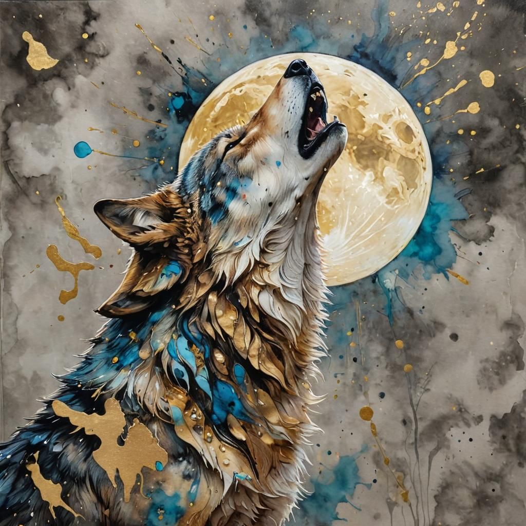 Wolf Howling at Moon in Alcohol Ink Splatter