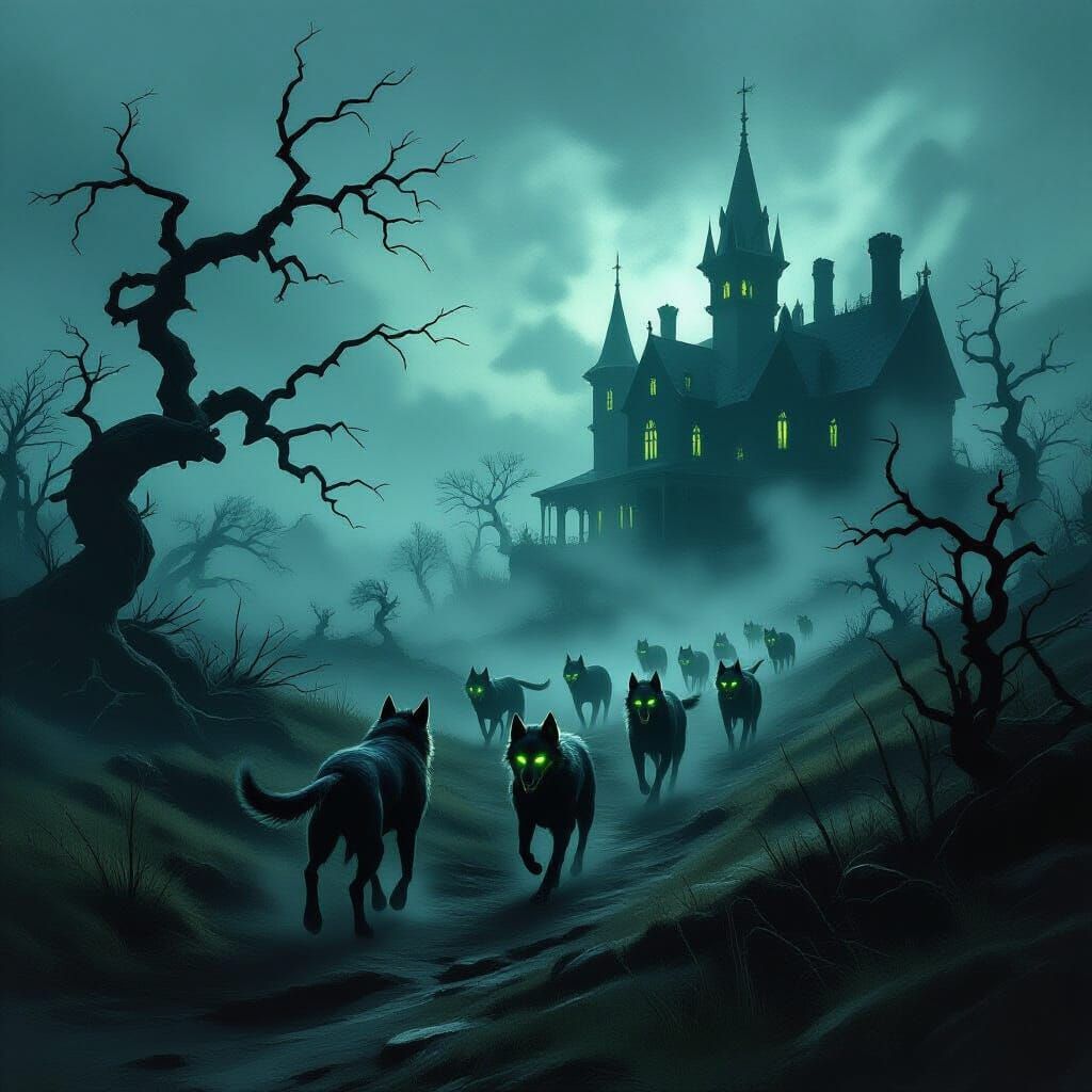 Shadow Hounds on Foggy Moor in German Expressionist Style