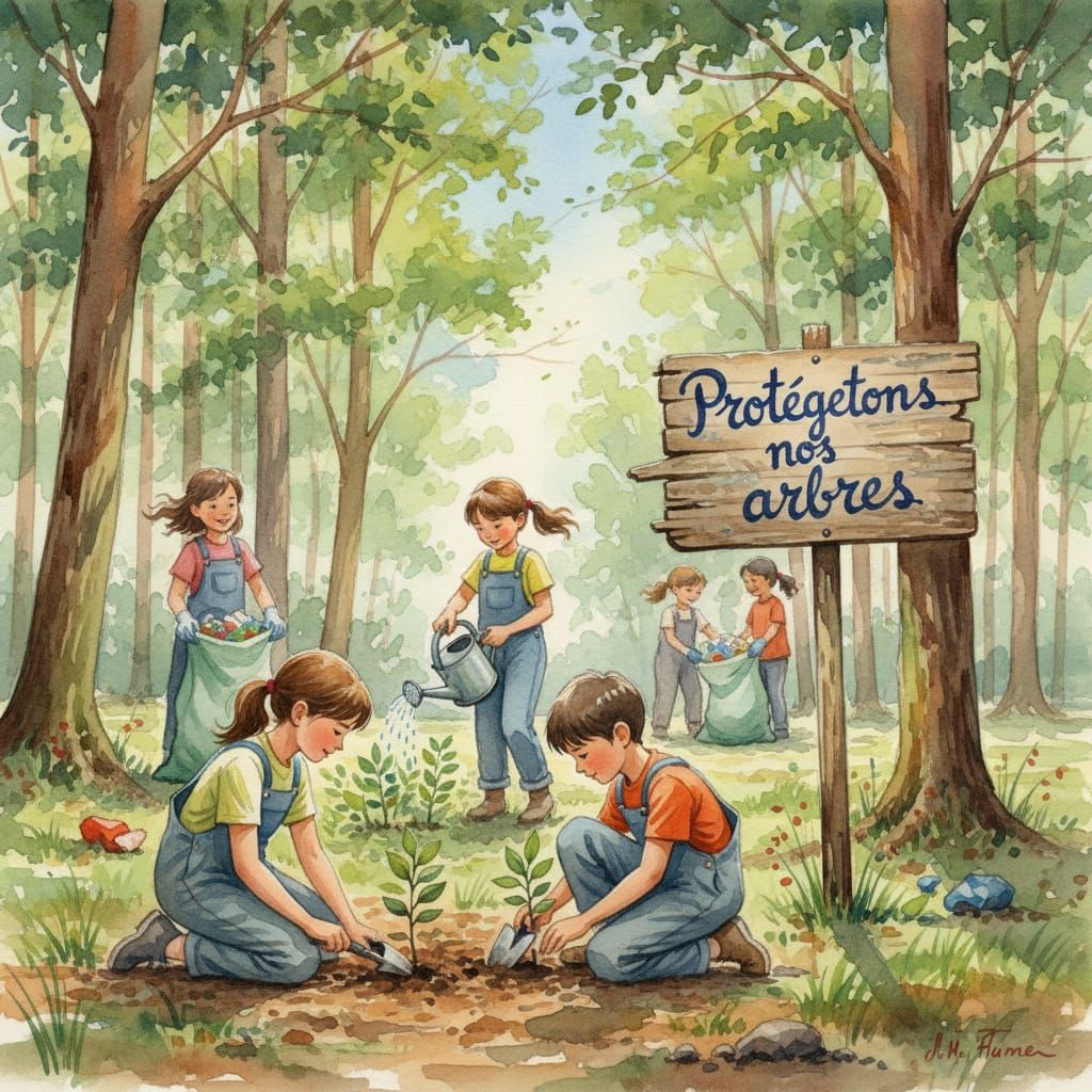 Children Caring for Forest Nature in Watercolor Style