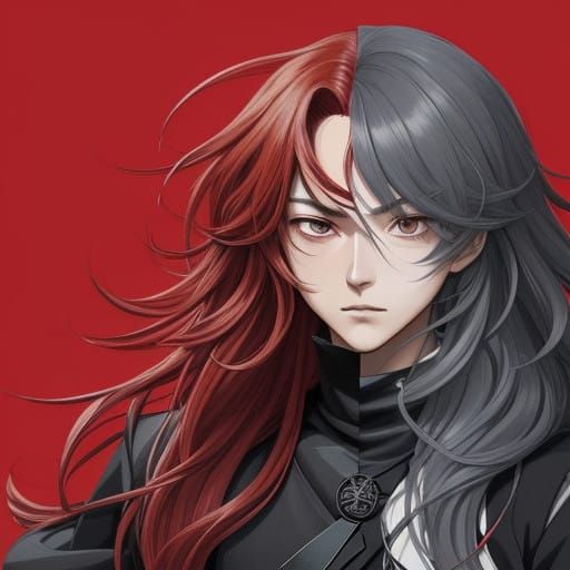 Anime-Inspired Boy with Unruly Hair and Fiery Red Background