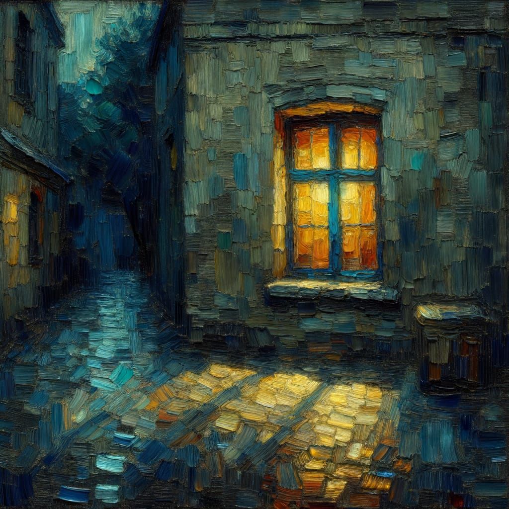 Glowing Blue Window in Dark Urban Wall, Expressionist Style