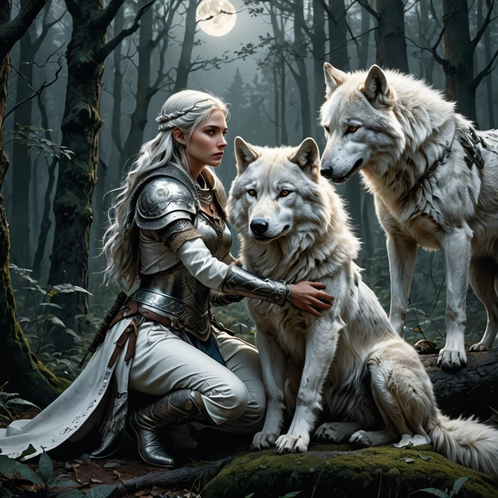 Lady Warrior and White Wolf in Moonlight