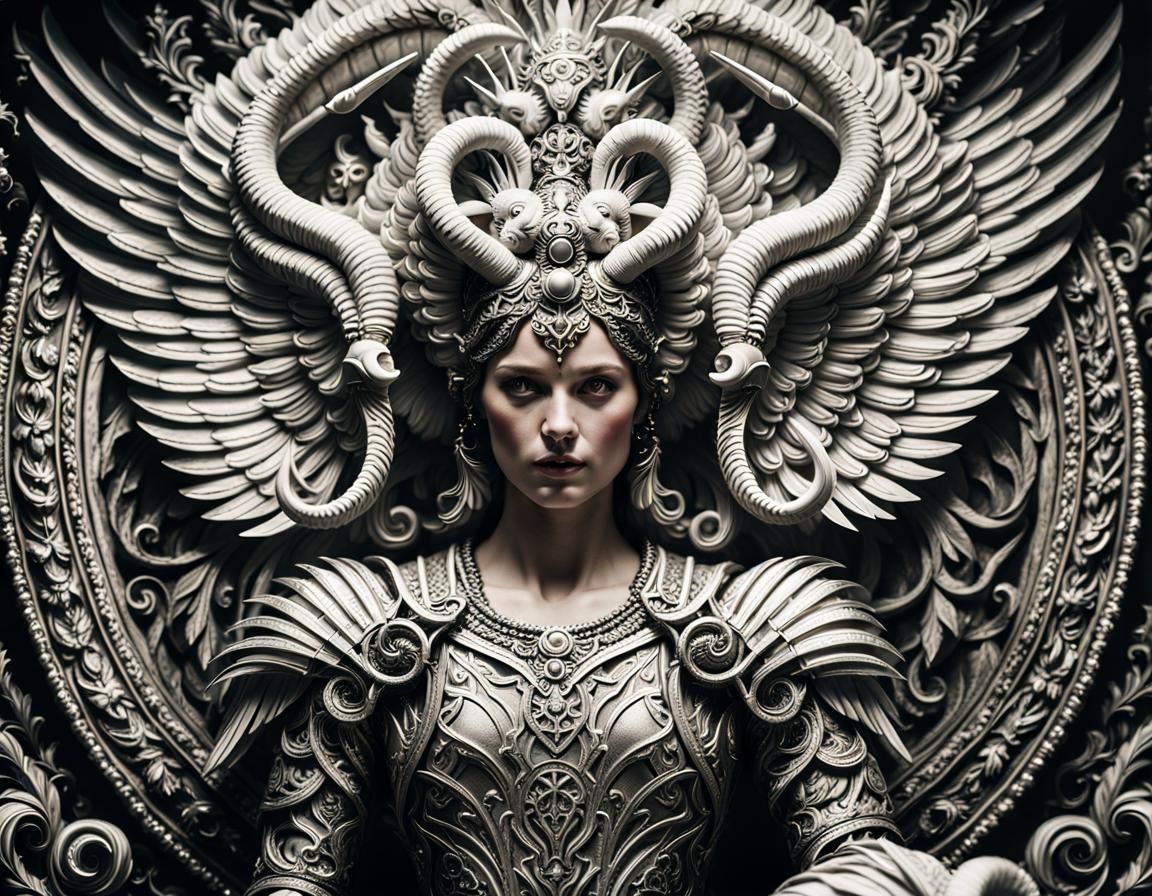 Dark Baroque Woman with Angel Wings and Ram Horns