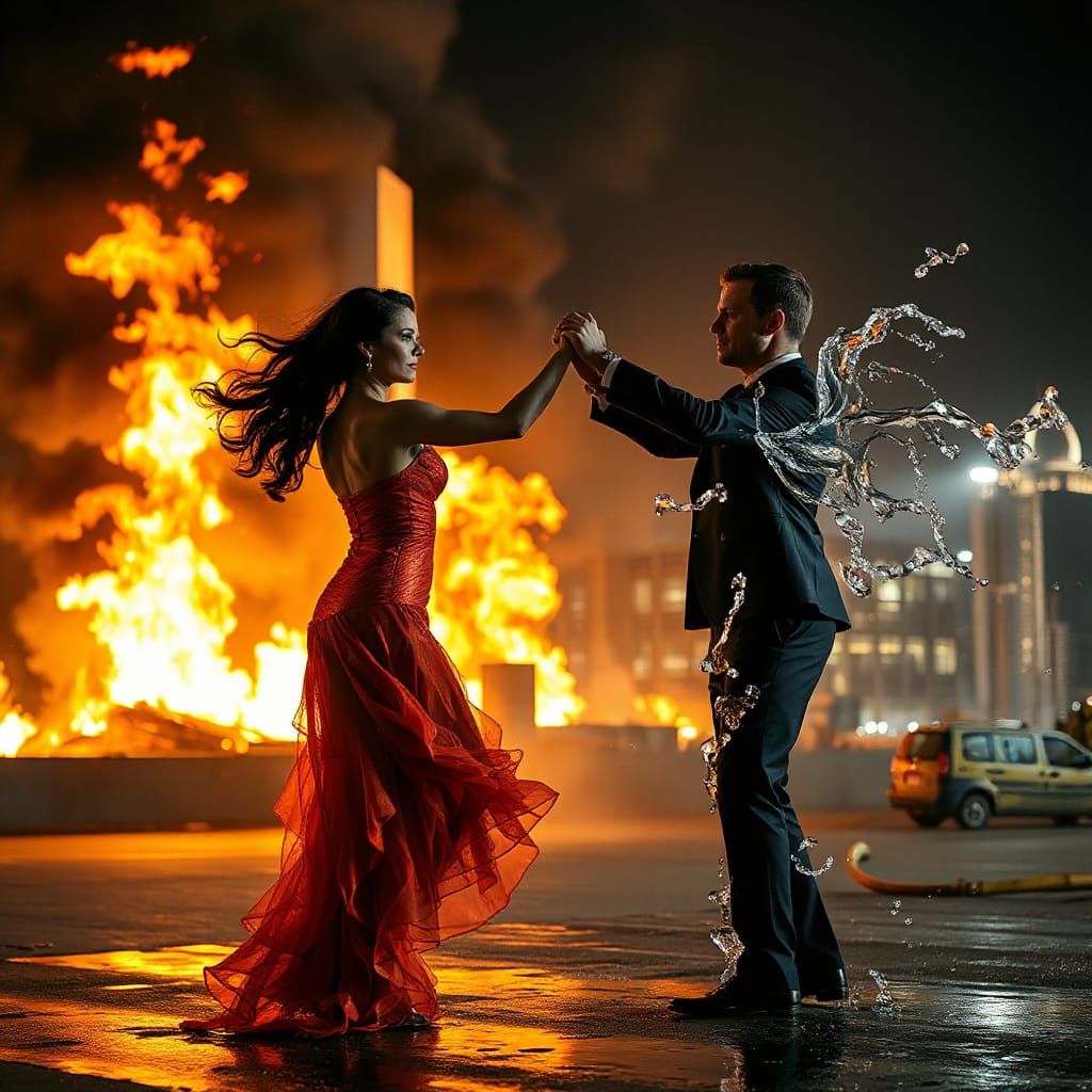 Fiery Dancer and Water Man in Burning City