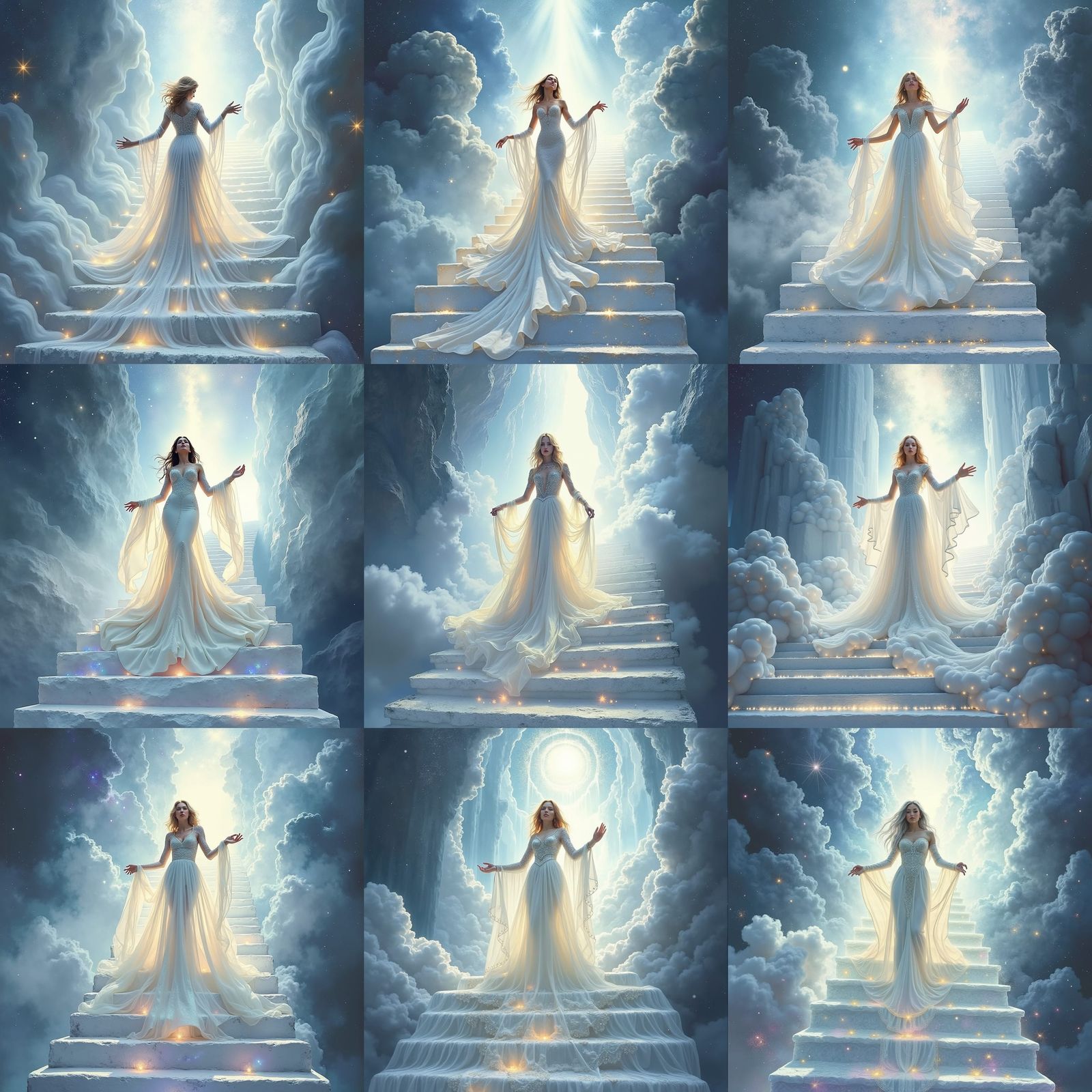 Ethereal Woman Ascends Magical Stairway in Space