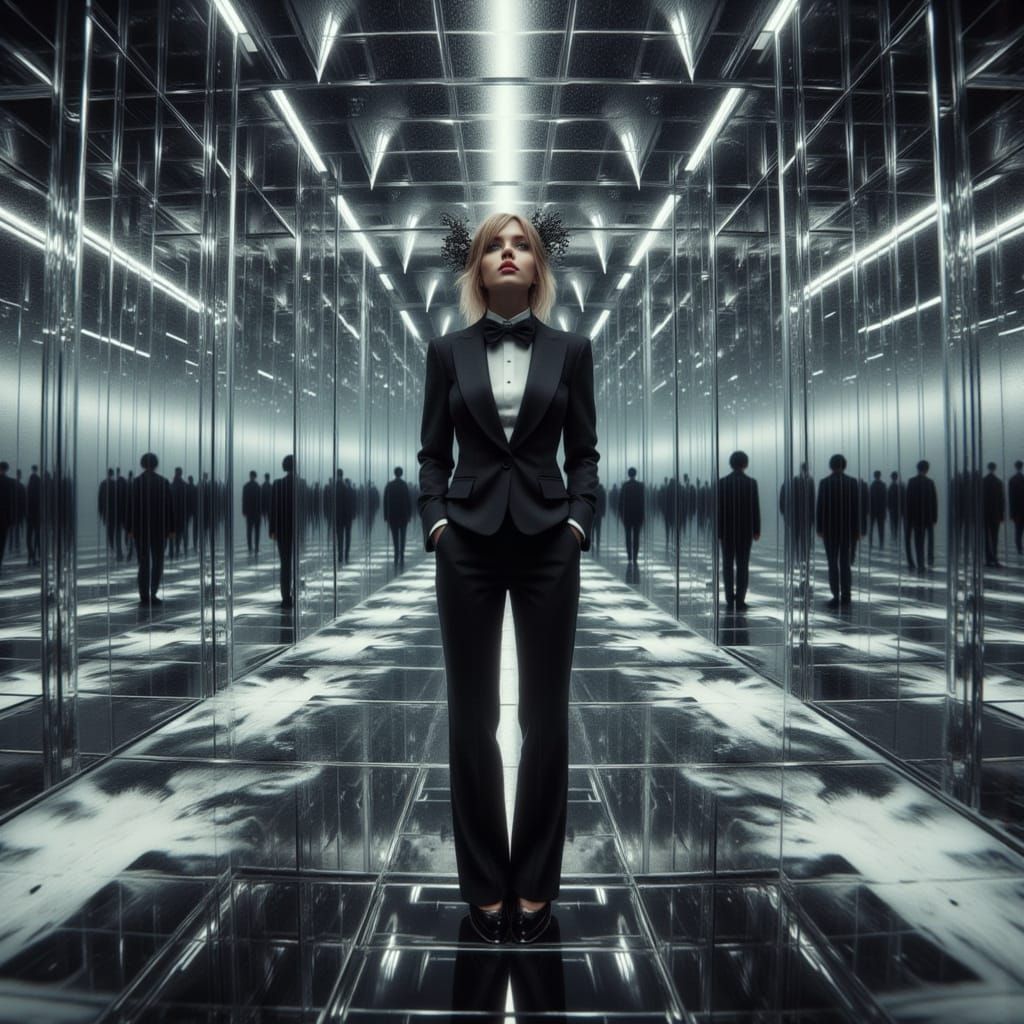 Woman in Tuxedo on Mirror Floor Reflecting Worlds