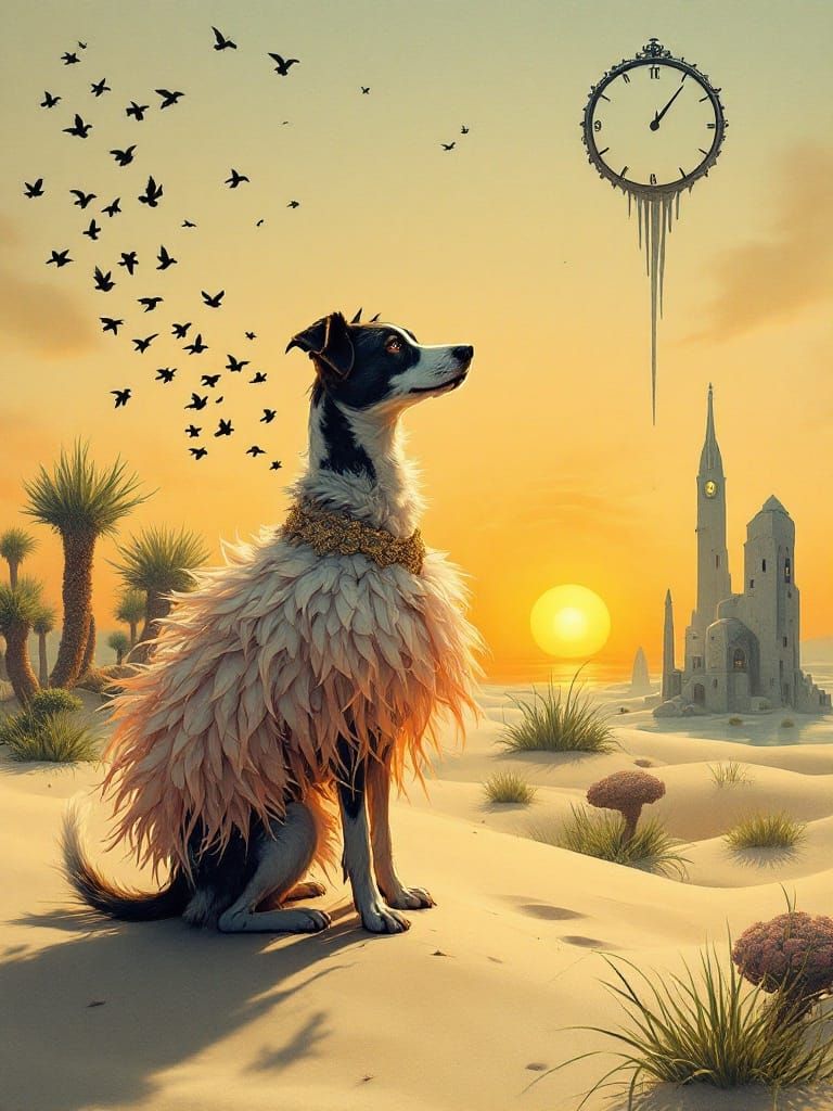 Dog with Feather Skirt in Surrealist Landscape