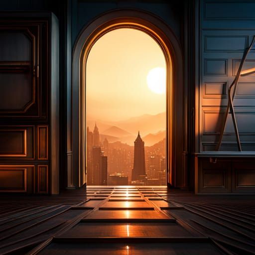 Planetary Cityscape Through Rustic Window Frame