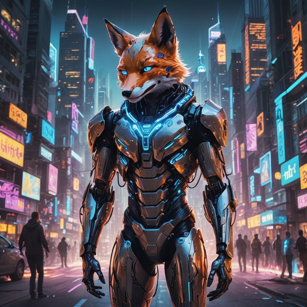 Robotic Fox Man in Neon Cityscape: Cybernetic Illustration