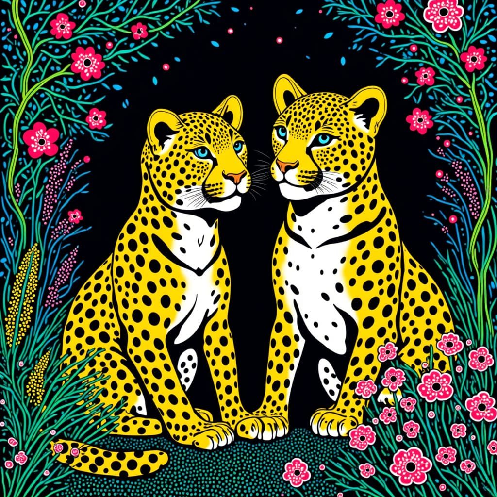 Leopard Cubs in Tropical Jungle Inspired by Yayoi Kusama