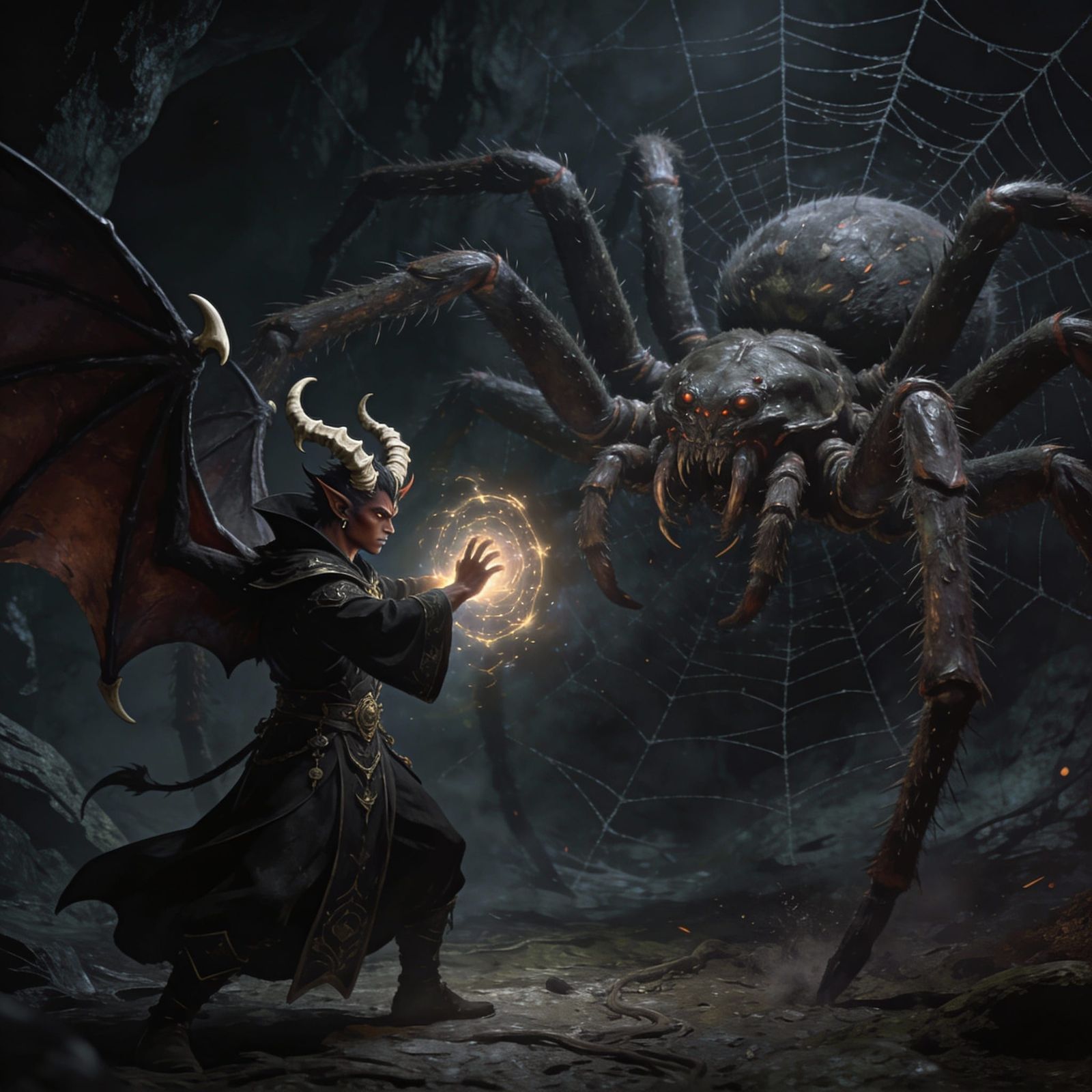 Tiefling Mage Defends Against Giant Spider Monster