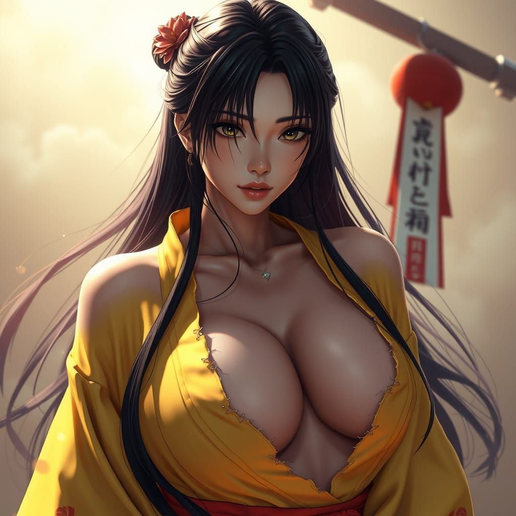 Sensual Japanese Woman in a Shattered Kimono