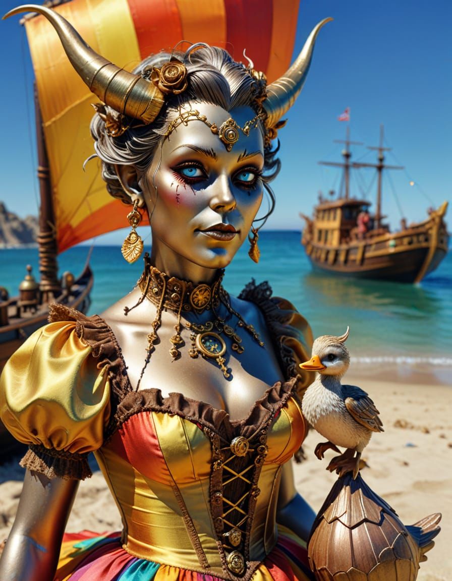 Steampunk Krampus on Beach Vacation in 3D