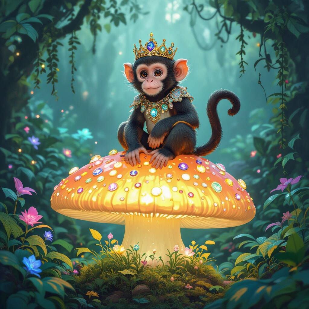 Monkey King on Bioluminescent Mushroom, Art Nouveau Style