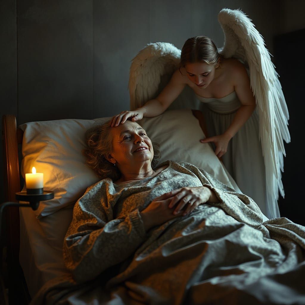 Serene Angel of Death Tenderly Guides Dying Woman in Cozy Ho...