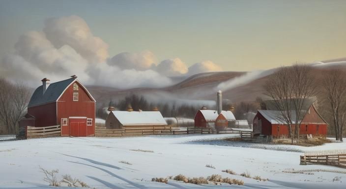 Winter Farm Scene in Americana Style
