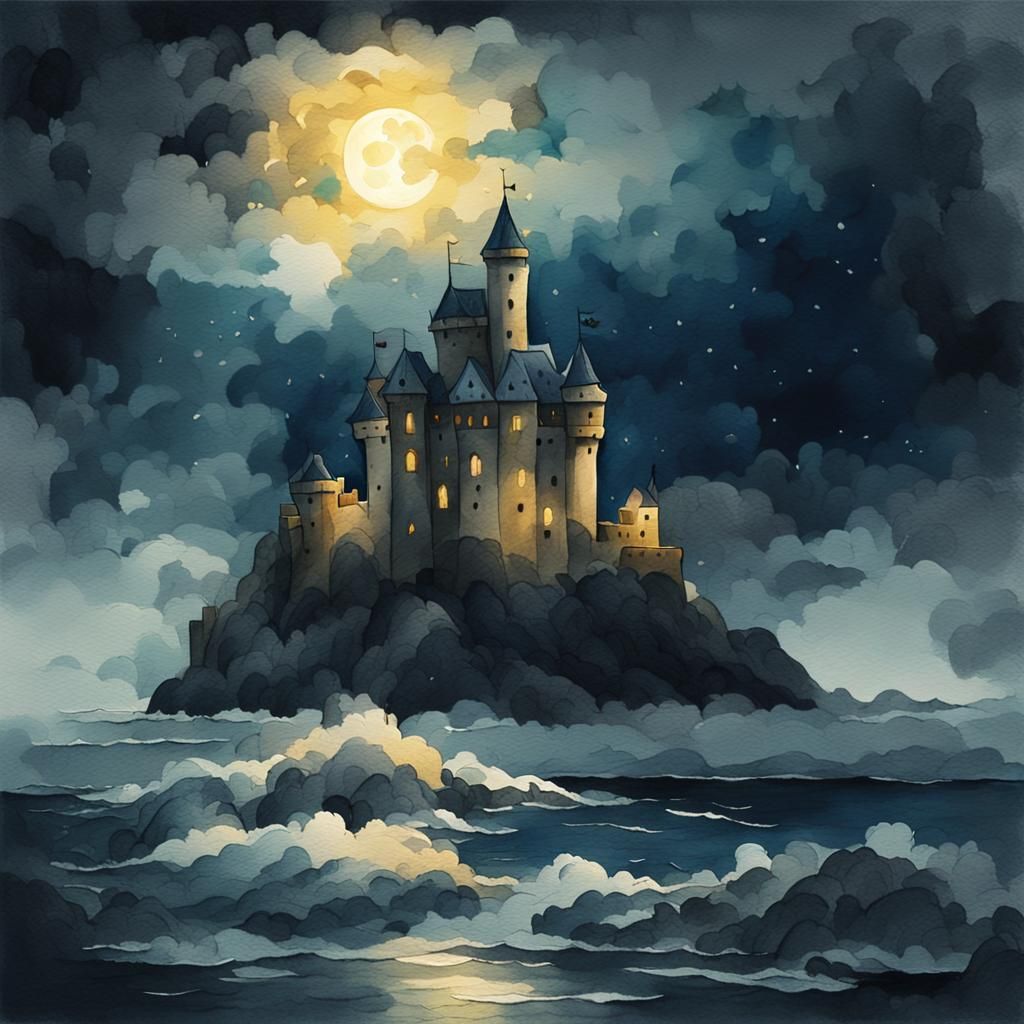 Stormy Island Castle in Watercolor Style