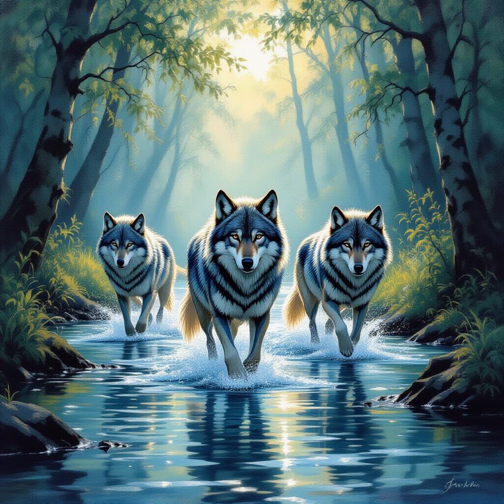Water Wolves in Ethereal Forest Light