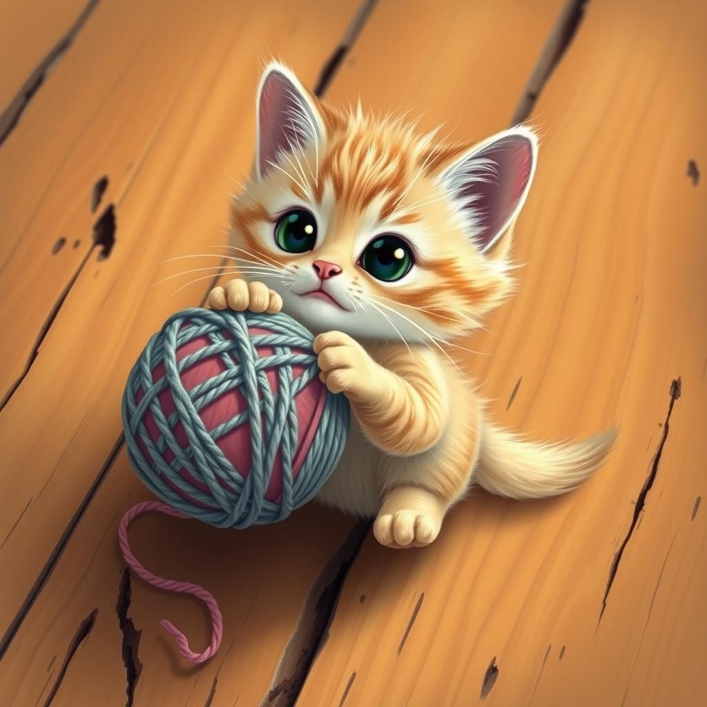 Kitten Plays with String, Studio Ghibli Vector Art