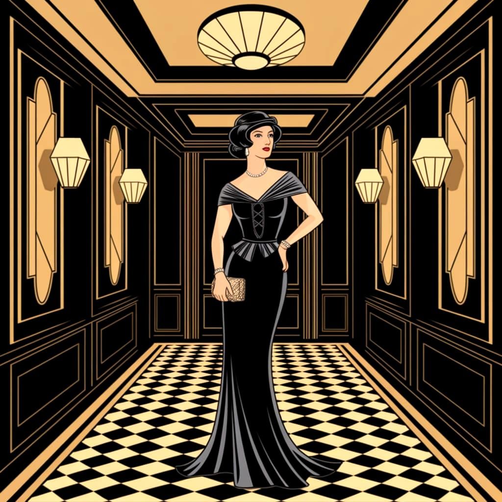 Elegant Lady in 1900s High-Class Club Art Deco Masterpiece