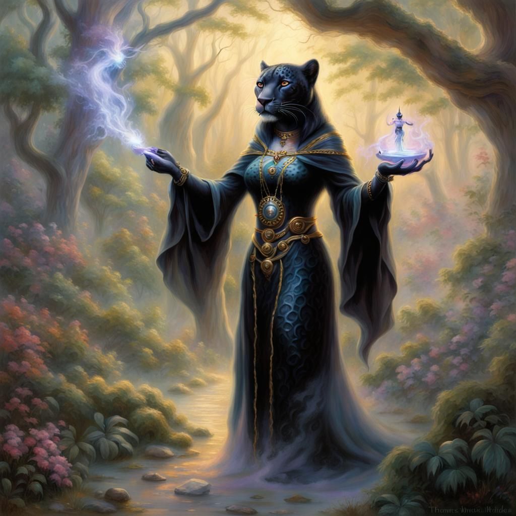 A humanoid black jaguar female wizard casting a spell