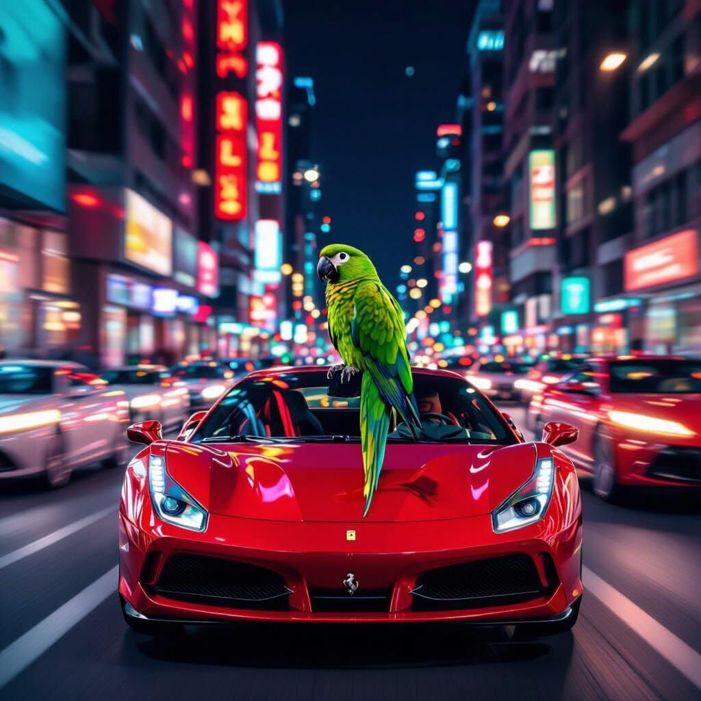 Emerald Parrot on Crimson Ferrari in Vibrant City