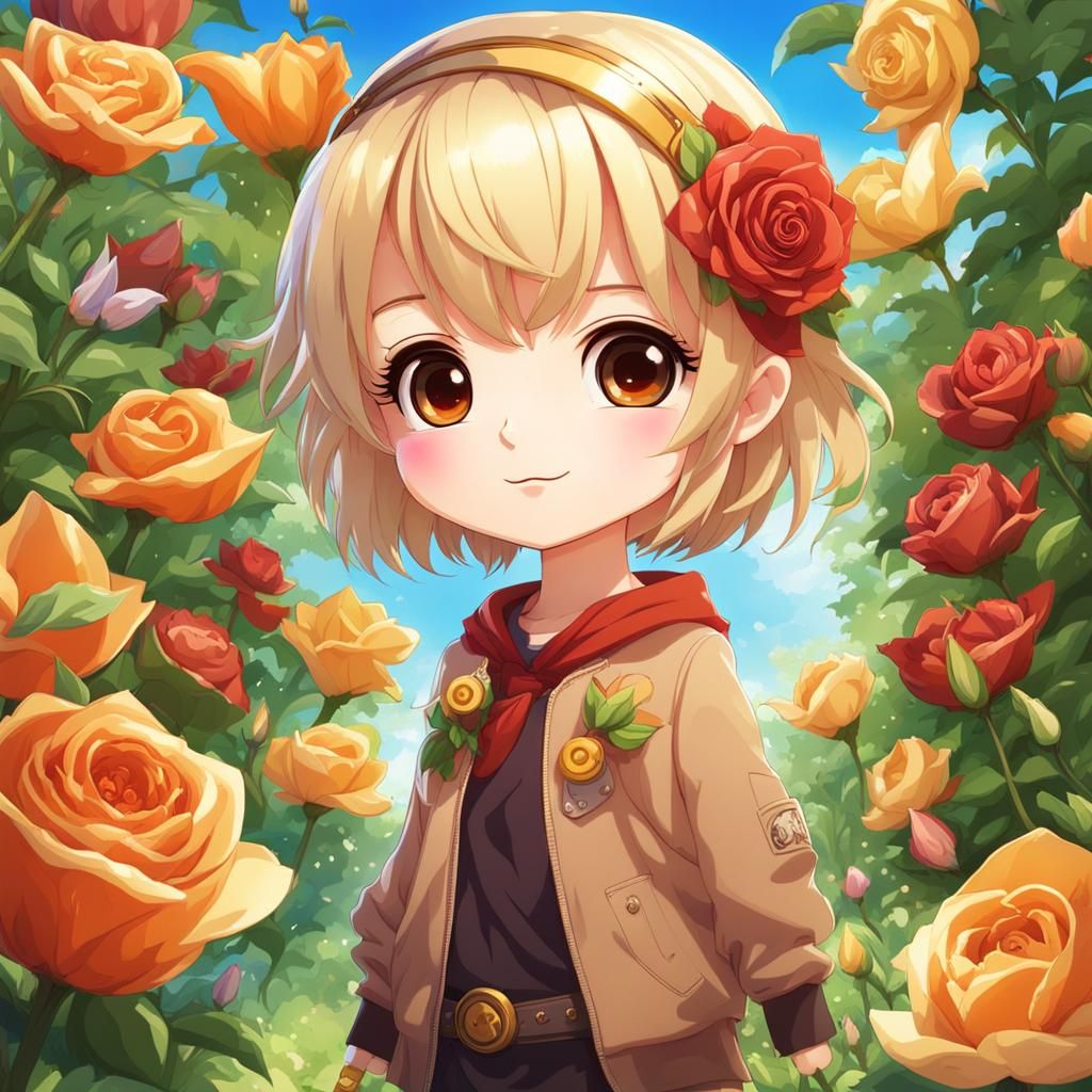 Cheerful Chibi Girl with Roses in Anime Style