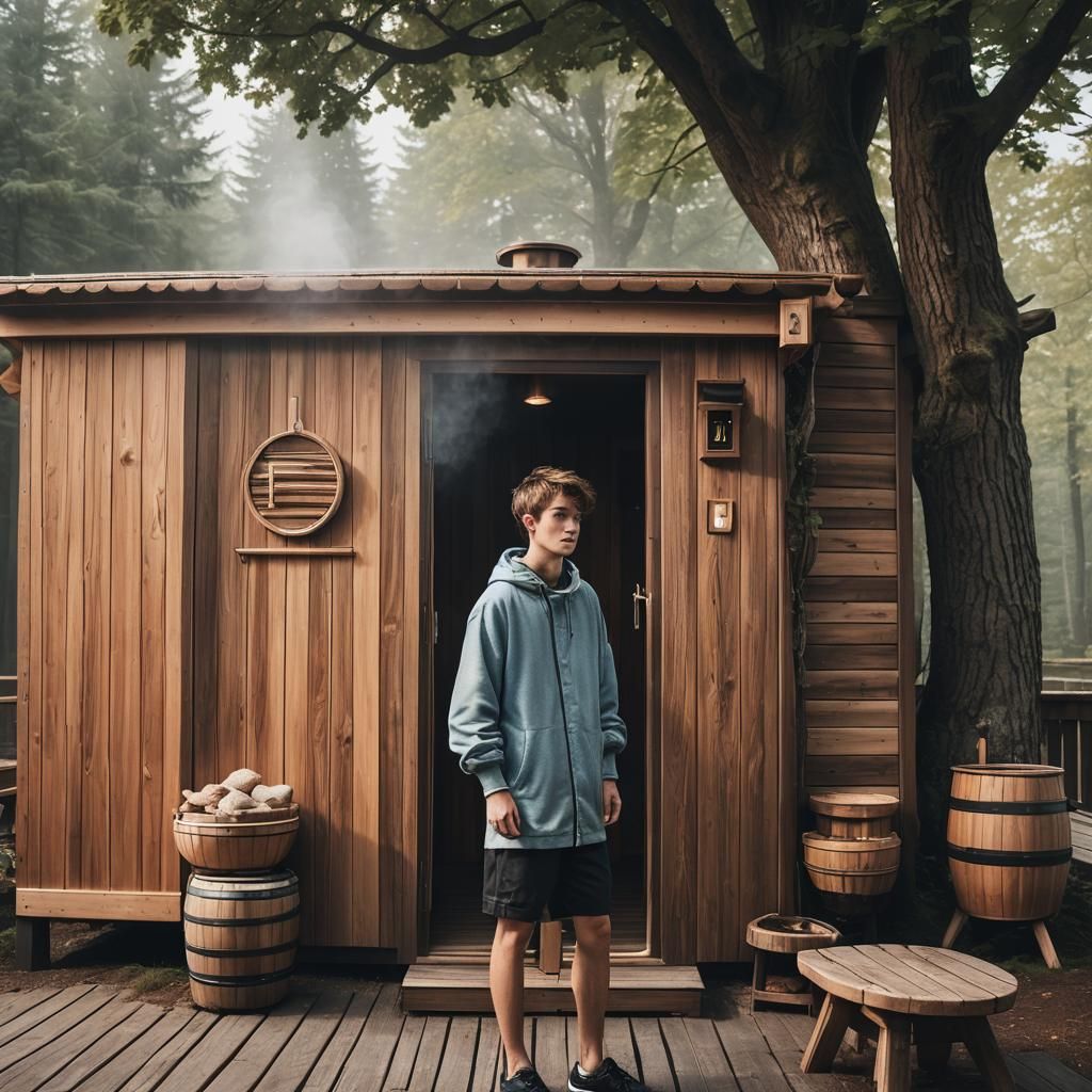 Teenage Boy Relaxing Outside Sauna in Fantasy World